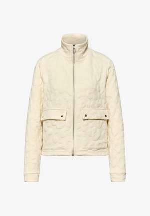 Krémová prošívaná bunda s celopropínacím zipem, vysokým límcem, dlouhými rukávy a dvěma klopovými kapsami se zapínáním na druky.