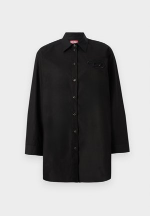 Fekete, hosszú ujjú ing sima anyagból, gombos elülső résszel, hegyes gallérral és tonális logó szalaggal a mellrészen.