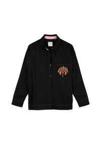 Black button-up shirt with long sleeves, featuring pink contrast stitching and an embroidered palm tree design on the chest pocket.