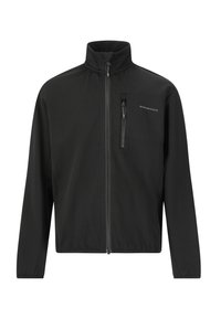 Svart zip-up jacka med hög krage, utrustad med en bröstficka med dragkedja och diskret varumärke på övre vänstra sidan, tillverkad av lätt material.