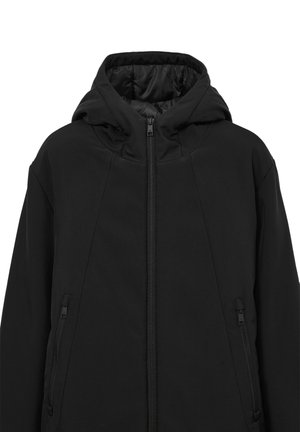 Veste à capuche noire avec fermeture éclair intégrale, tissu texturé et deux poches latérales avec zippers pour un rangement sécurisé.