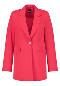 Světlý růžový blazer s jedním knoflíkem, klopami, dvěma předními kapsami a dlouhými rukávy. Vyroben z hladké látky.