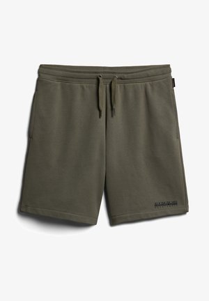Krótkie spodenki z bawełny w oliwkowej zieleni, z elastycznym pasem, sznurkiem do regulacji, bocznymi kieszeniami i markowym logo na dolnej prawej nogawce.