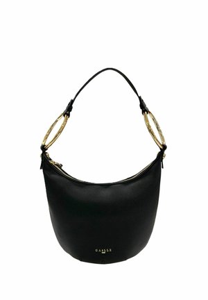 Borsa hobo in pelle nera con una tracolla singola caratterizzata da grandi anelli dorati e chiusura con zip, con la scritta "GAELLE PARIS" in rilievo e in lettere dorate.