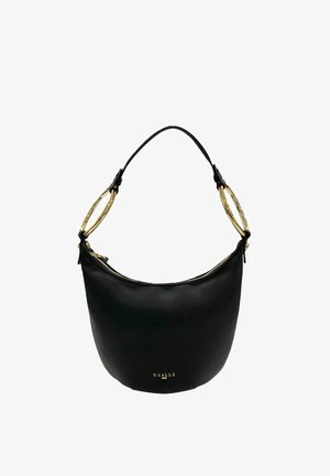 Borsa hobo in pelle nera con una tracolla singola caratterizzata da grandi anelli dorati e chiusura con zip, con la scritta "GAELLE PARIS" in rilievo e in lettere dorate.