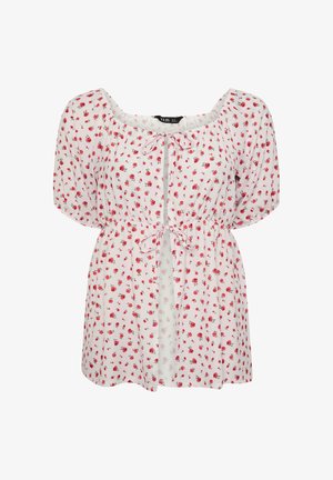 Weiße Bluse mit rotem Rosenmuster, gepufften kurzen Ärmeln, quadratischem Ausschnitt und vorne bindbaren Schnüren an Brust und Taille.