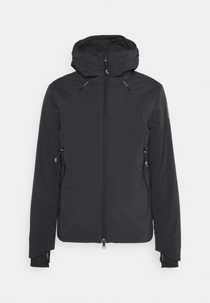 Schwarze Jacke aus leichtem, mattem Stoff. Verfügt über einen Reißverschluss vorne, eine verstellbare Kapuze und seitliche Taschen mit Reißverschluss. Glatte Textur.