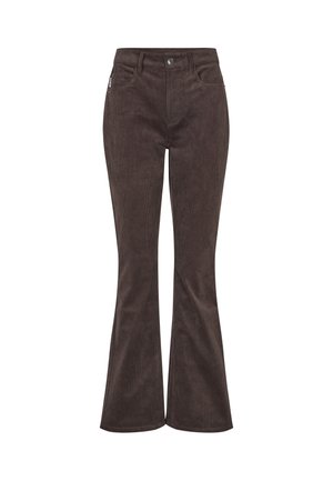 Braune Cord-Hose im Schlagstil mit mittelhohem Bund, fünf Taschen sowie einem Knopf- und Reißverschluss. Strukturierter Stoff mit dezenten vertikalen Streifen.