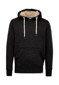 Sudadera negra con capucha, forrada con un suave felpa beige. Presenta cordones blancos, un bolsillo frontal tipo canguro y puños y dobladillo acanalados.
