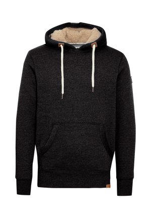 Black hooded sweatshirt with a soft beige fleece lining. Features white drawstrings, a front pouch pocket, and ribbed cuffs and hem.