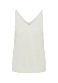 White, lightweight tank top with a V-neck and thin straps. Soft texture, relaxed fit, and hemmed edges for a smooth finish.