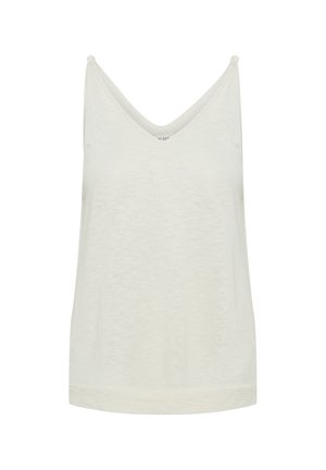 Weißes, leichtes Tanktop mit V-Ausschnitt und dünnen Trägern. Weiche Textur, lockere Passform und gesäumte Kanten für einen glatten Abschluss.