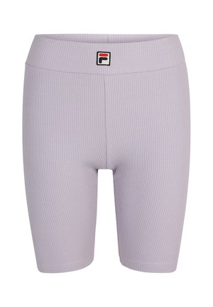 Wysokie szorty rowerowe w kolorze lawendowym z fakturą ribbed i naszywką z logo Fila z przodu. Lekki i elastyczny materiał, idealny do aktywności fizycznej.