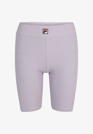 Højtaljede lavendel cykelshorts med ribbet tekstur og Fila-logo patch på fronten. Letvægts- og strækbart materiale, der er velegnet til activewear.