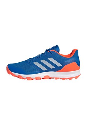 Blue athletic shoes with a mesh upper, silver stripes, vibrant orange accents, and a textured rubber sole designed for traction.