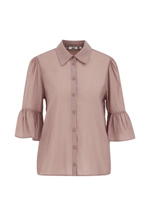 Pogaļauts putekļainas rozā krāsas blūze ar plūstošām trīsstūrveida piedurknēm līdz elkoņiem un asimetrisku apkakli, izgatavota no viegla auduma.