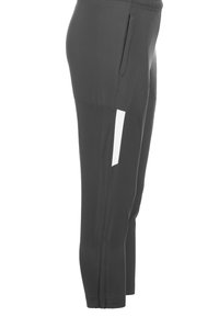 Donkergrijze sportbroek met een slanke snit, voorzien van een zijvak met rits en een witte accent op de bovenbeen. Gladde, rekbare stof.