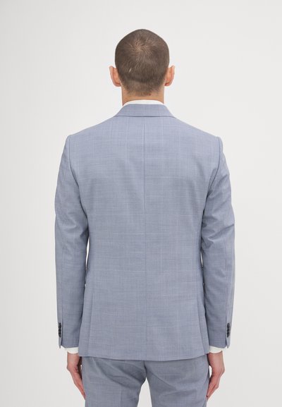 Giacca da completo a quadri blu chiaro con maniche lunghe, spacchetto singolo e polsini abbottonati. Vestibilità su misura, tessuto morbido, design minimalista.