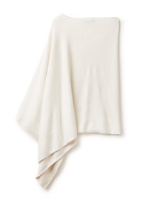Krémový pončo vyrobený z měkké, texturované látky. Má drapovaný design s asymetrickým střihem a žebrovaným lemováním.