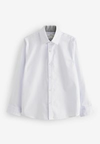 Chemise blanche à manches longues, boutonnée, avec col classique, tissu texturé et détail intérieur de col en motif gris.