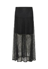 Gonna maxi nera in pizzo con vita aderente, caratterizzata da un motivo floreale e un design a strati trasparenti per un tocco di texture in più.