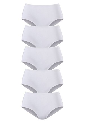 Five pairs of white cotton hipster briefs, smooth texture, elastic waistband, classic design, and consistent shape. No visible patterns or accents.