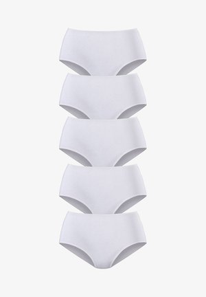 Cinq paires de slips hipster en coton blanc, texture lisse, taille élastique, design classique et forme uniforme. Aucun motif ou accent visible.