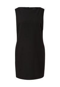 Schwarzes ärmelloses Kleid mit Boot-Ausschnitt, figurbetontem Schnitt, glatter Textur und verdecktem Reißverschluss hinten für einen sicheren Sitz und einfaches Anziehen.