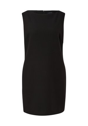 Czarna sukienka bez rękawów z dekoltem w łódkę, dopasowana, o gładkiej fakturze i z ukrytym zamkiem błyskawicznym z tyłu, co ułatwia zakładanie.