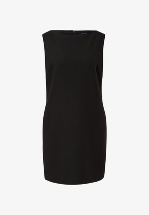 Zwarte mouwloze jurk met een bootnek, slim fit, fijne textuur en een verborgen ritssluiting aan de achterkant voor sluiting en gemakkelijk aan- en uittrekken.