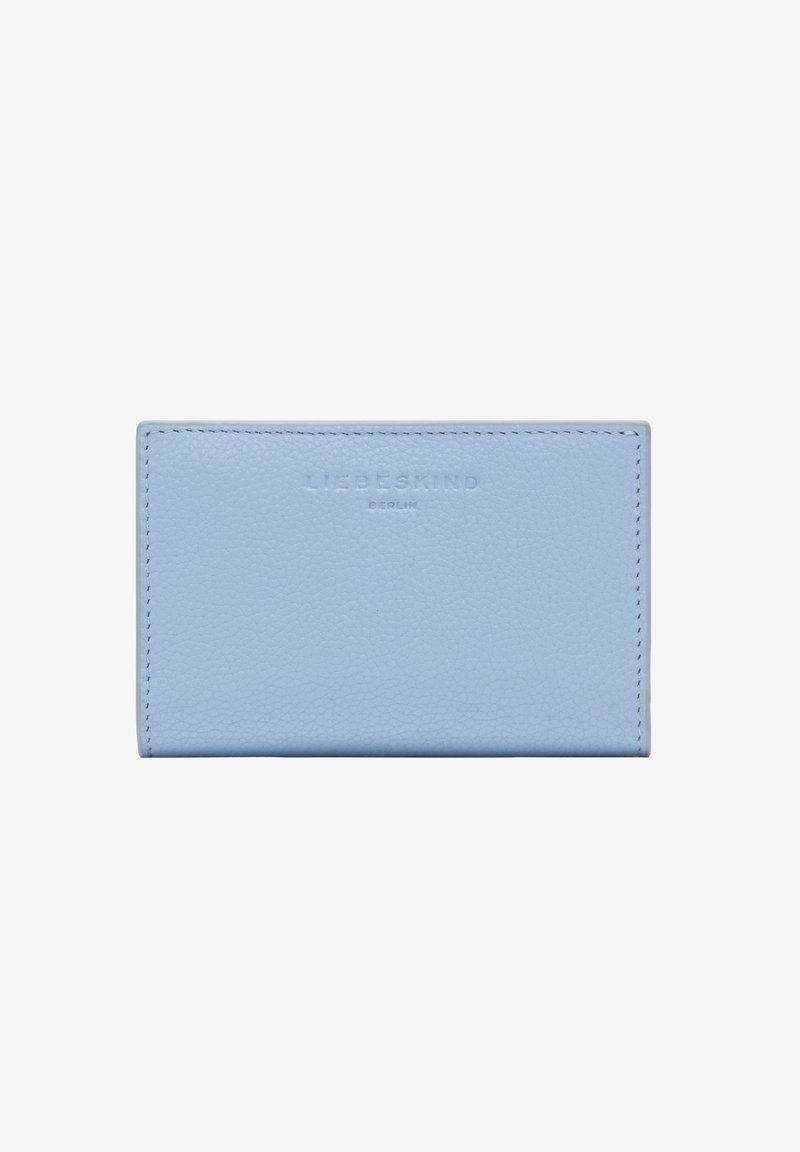 Portefeuille en cuir bleu clair texturé avec logo "LIEBESKIND BERLIN" embossé centré sur le devant.