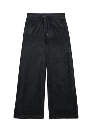 Schwarze, weite Hose aus weichem Samtstoff mit einem elastischen Bund und Kordelzug sowie einem mit Strass verzierten Logo an der Seite.