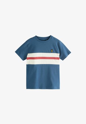 Blå bomulds T-shirt med korte ærmer, der har hvide og røde vandrette striber og et lille gult hummerlogo på brystet.