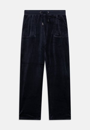 Zīda viesistabas bikses tumši zili, ar auklas jostu, divām priekšējām kabatām un brīvu piegriezumu ar gludu tekstūru.