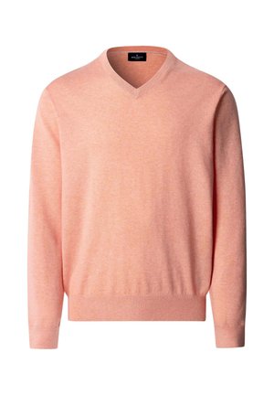 Jasnoróżowy sweter z długim rękawem i dekoltem w serek, z żebrowanymi mankietami i dołem, wykonany z miękkiego materiału.