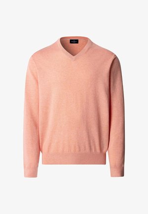 Hellrosa Pullover mit V-Ausschnitt und langen Ärmeln, mit gerippten Bündchen und Saum, hergestellt aus weichem Stoff.