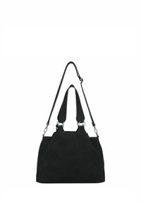 Borsa in suede nera con due manici corti e una lunga tracolla regolabile. Presenta una forma strutturata e dettagli in metallo argentato.
