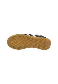 Suola della scarpa con battistrada in gomma marrone caratterizzato da impugnature circolari e motivi a zigzag, con il logo del marchio al centro.