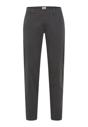 Pantaloni grigi realizzati in tessuto misto cotone, con design a gamba dritta, tasche frontali, chiusura con bottone e dettagli di cucitura a contrasto.