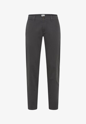 Pantaloni grigi realizzati in tessuto misto cotone, con design a gamba dritta, tasche frontali, chiusura con bottone e dettagli di cucitura a contrasto.