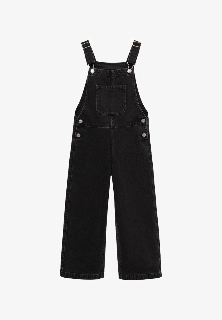 Sorte denim overalls med brede ben, justerbare stropper, frontlomme og sølv hardware-accenter. Stoffet har en glat tekstur.