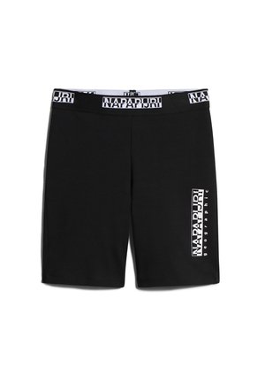 Mustat urheilushortsit, jotka on valmistettu pehmeästä kankaasta. Niissä on joustava vyötärö, jossa on logopainatus, sekä valkoinen graafinen kuva vasemmassa jalassa.