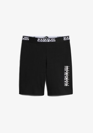 Black athletic shorts made of soft fabric. Features an elastic waistband with a logo print and a white graphic on the left leg.