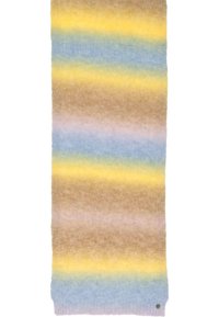 Sciarpa di lana con strisce orizzontali nelle tonalità di marrone, giallo, blu e rosa. Texture morbida, design a coste e un piccolo logo decorativo.