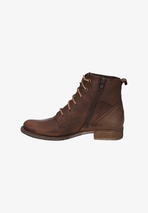 Bottines en cuir marron avec un laçage à l'avant et une fermeture éclair sur le côté. Elles possèdent une semelle en caoutchouc robuste et un dessus texturé pour plus de durabilité.