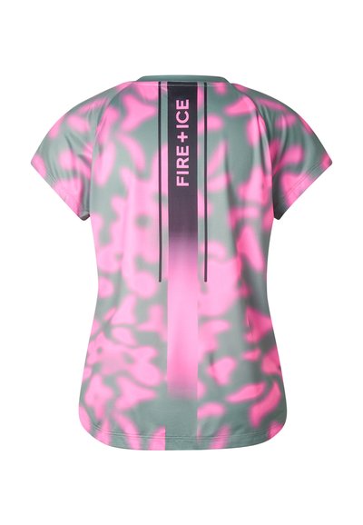 T-shirt de sport à manches courtes avec un motif abstrait rose et gris et une bande noire verticale dans le dos avec l'inscription « FIRE + ICE ».