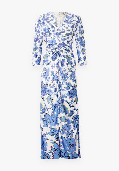 Maxi dress in white fabric with blue floral pattern, long sleeves, ruched detailing at the waist, and a front zip closure.