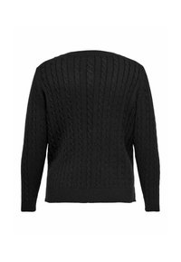 Black cable-knit sweater featuring a textured pattern, round neckline, and long sleeves with a slightly loose fit.