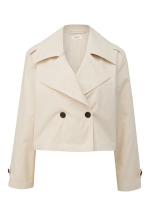 Beige Jacke in Cropped-Länge mit breitem Revers, doppelter Knopfverschluss und langen Ärmeln. Strukturiertem Stoff mit zwei vorderen Knöpfen.