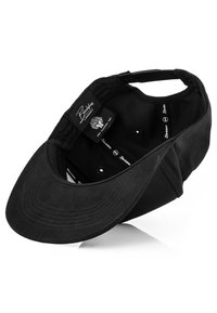 Black baseball cap with a curved visor, made of fabric, featuring an inner label, perforations for ventilation, and a black interior.